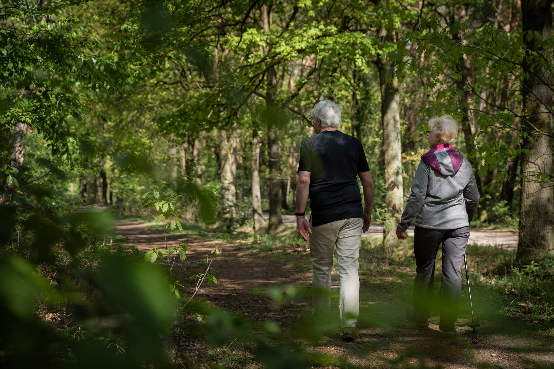 ouder echtpaar wandelt door het bos